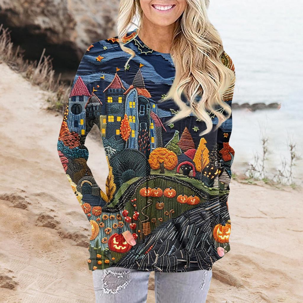 Женская модная повседневная футболка с круглым вырезом и принтом, длинными рукавами и карманами