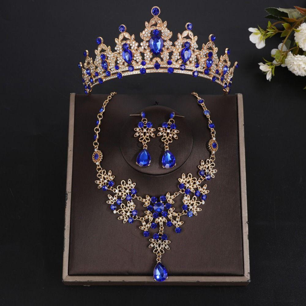 Luxury Bridal Jewelry Sets Shiny Rhinestone Bridal Crown Durable Tiara Earrings Necklace Women