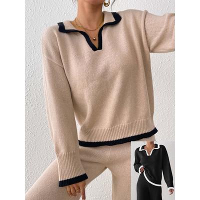 Женский повседневный пуловер свитер с воротником поло и цветными блоками