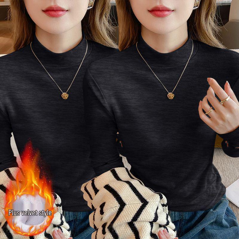 Осень 2025 Большой размер Приталенный Топ-база с длинным рукавом Свободный для женщин с воротником-стойкой