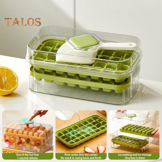 Форма для льда с лопаткой и контейнером, штабелируемая форма для льда для морозильника, легкосъемное силиконовое дно, дизайн с нажатием в одно касание, льдогенератор для напитков, кофе, коктейлей