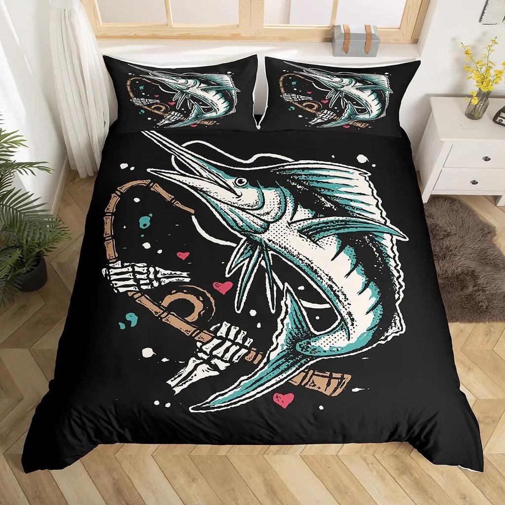 Marlin Swordfish Duvet Cover Set Hunting Fishing Bedding Set Tie Dye Sea Fishing Boat Marine Life Nautical Comforter Cover Queen