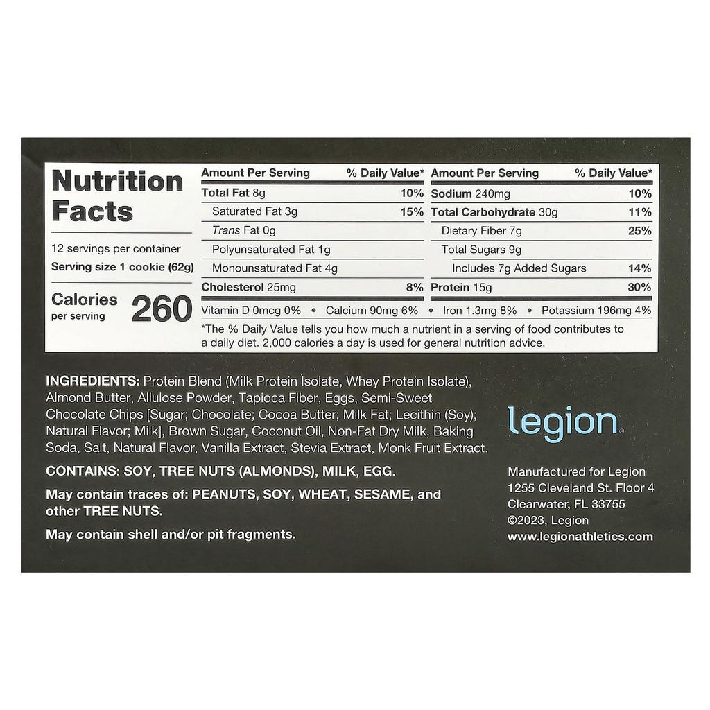Legion Athletics Protein Cookies, Chocolate Chip, 12-pack, 2.19 Oz (62 G) Each