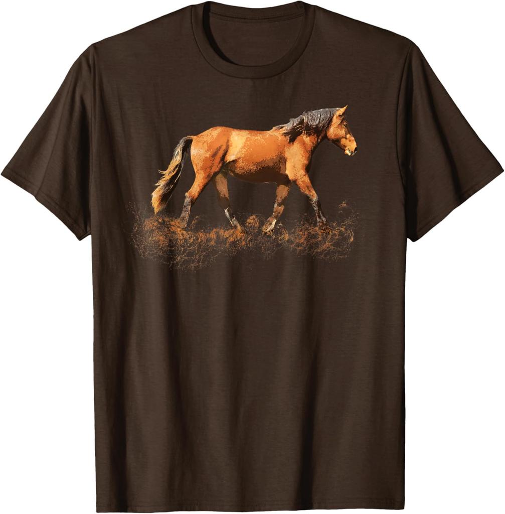 Earthy Brown Horse Silhouette Running Graphic T-Shirt Casual Cotton Short Sleeve Tee for Riders