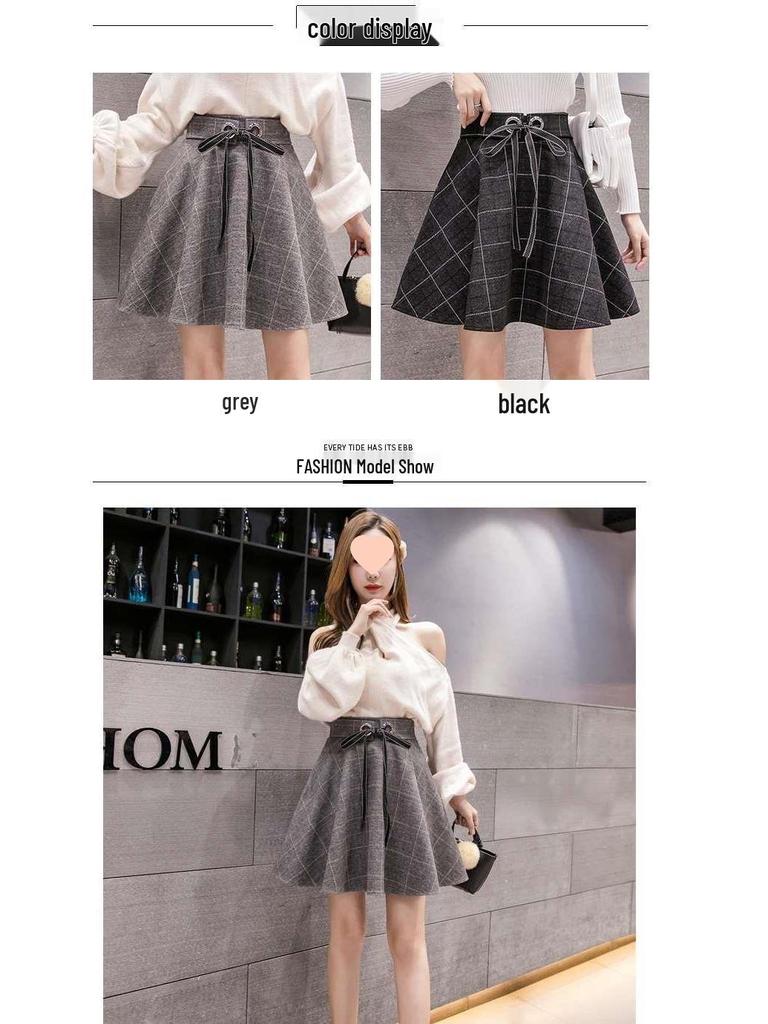 Женская шерстяная клетчатая юбка А-силуэта с высокой талией - Осень/Зима 2025, корейский стиль, юбка-зонт