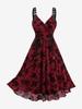 Rosegal Plus Size Glitter Floral Leaves Flocking Lace Up Surplice A Line Dress