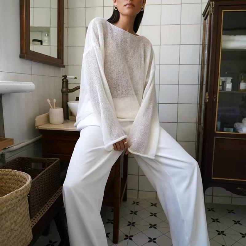 Осенний ажурный вязаный топ Женский свободный сетчатый плетеный сексуальный с круглым вырезом прозрачный тонкий свитер для женщин