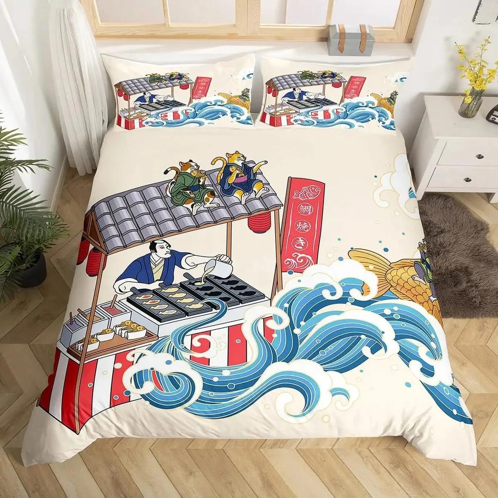 Комплект пододеяльника Lucky Cat в японском стиле с рисунком «Волна Хокусая», комплекты постельного белья, экзотический красный, ворота тории, декор солнца, комплект пододеяльника