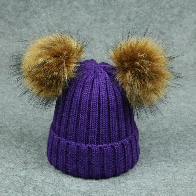 High Quality Winter Knit Hat with Raccoon Fur Ball on the Top Fax Fur Pom Pom Custom Winter Hats Plain Beanie Hat