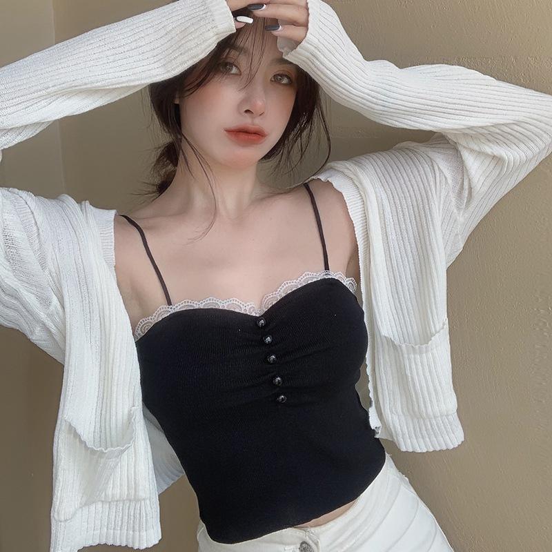 Женская однотонная кружевная тонкая вязаная майка с открытым пупком на бретельках