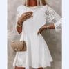 Модное тонкое платье с рюшами на шнуровке, женское повседневное летнее лоскутное кружевное платье с цветочным принтом, элегантное белое платье с рукавами три четверти 26621