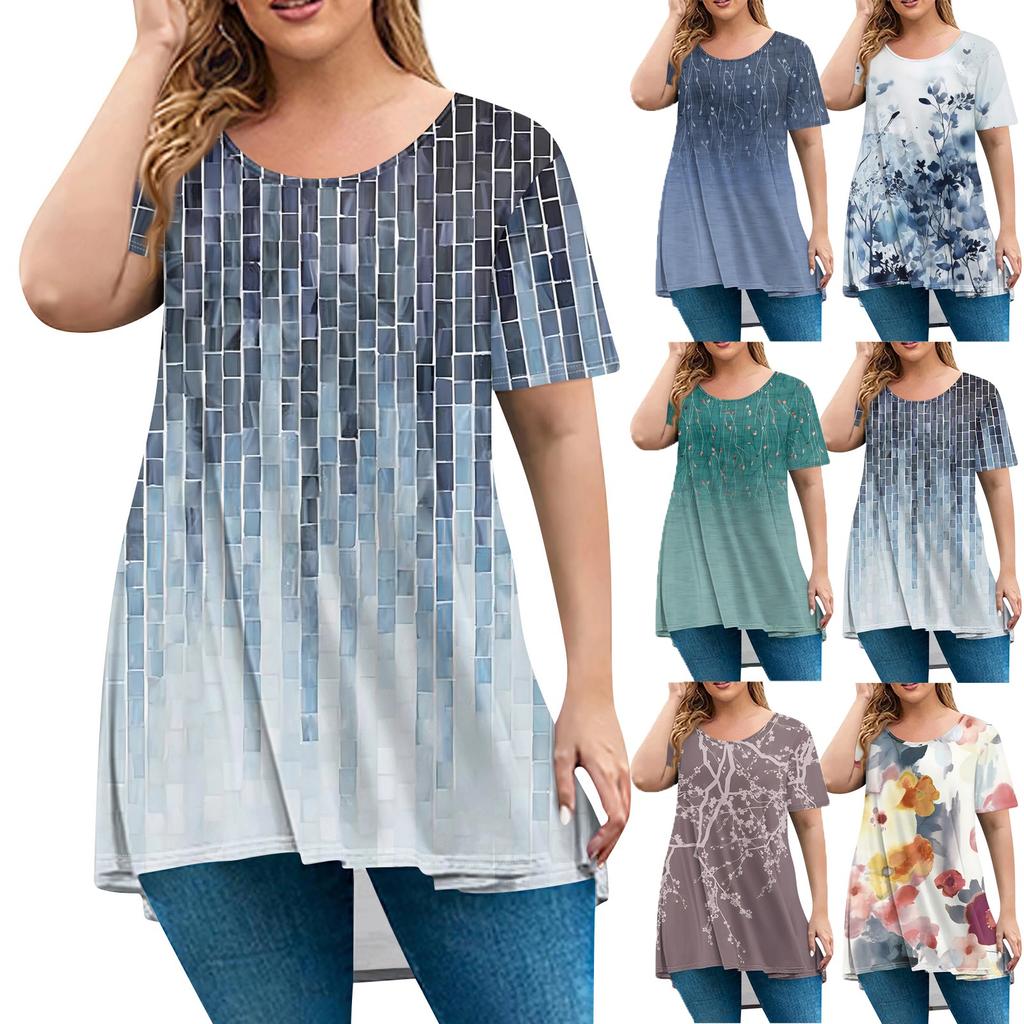 Women's Fashion Large Size Round Neck Short Sleeve Casual Print Loose Pullover Top