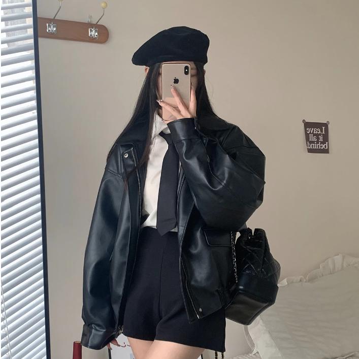 Винтажная кожаная женская укороченная куртка свободного кроя в корейском стиле, стильная куртка для мотоциклистов, миниатюрная, осень, новое поступление