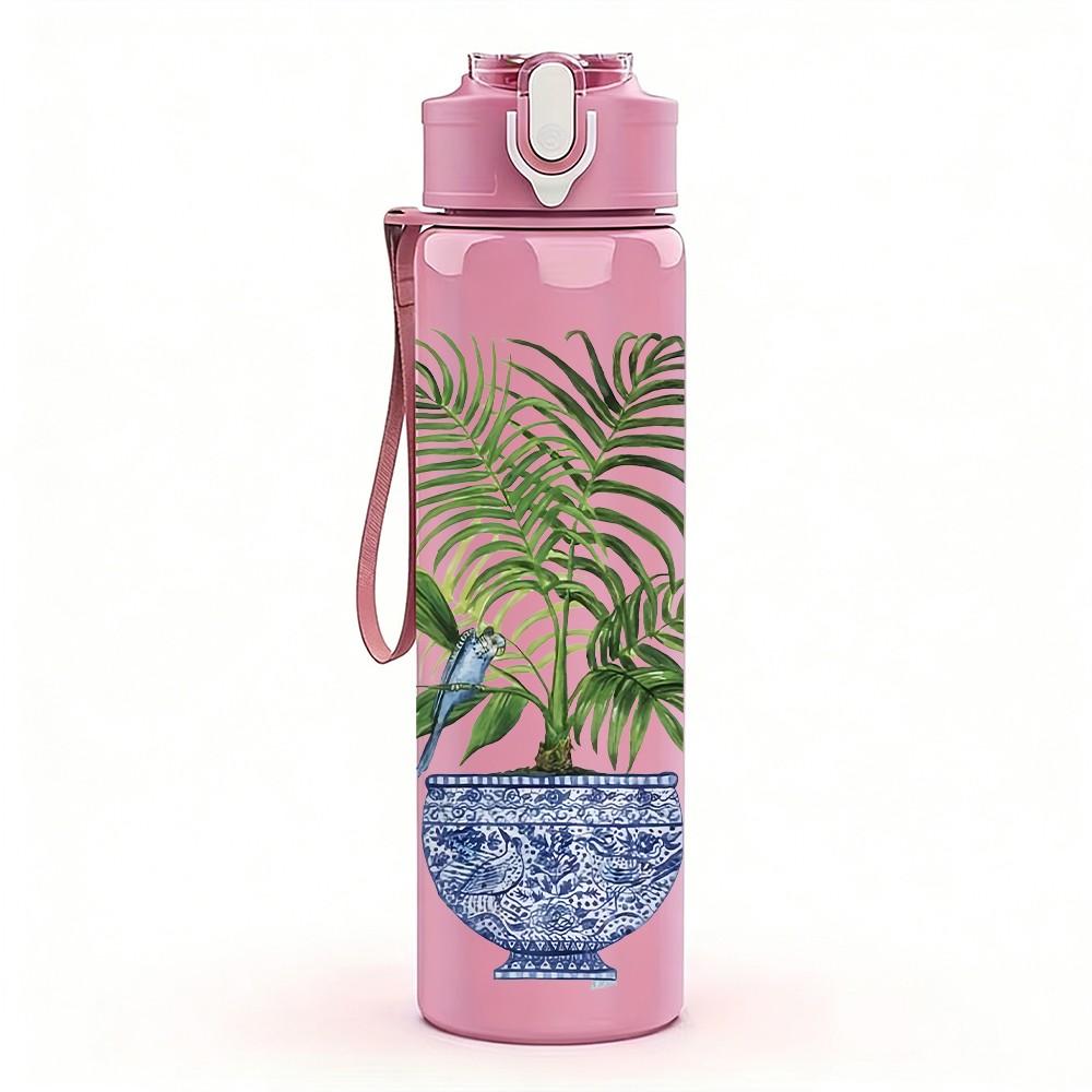 1PC Potted Plant Vintage Retro Pattern 750ml Color Plastic Sports Water Bottle Leakproof Flip Straw Lid Suitable for Sports Office Home Use