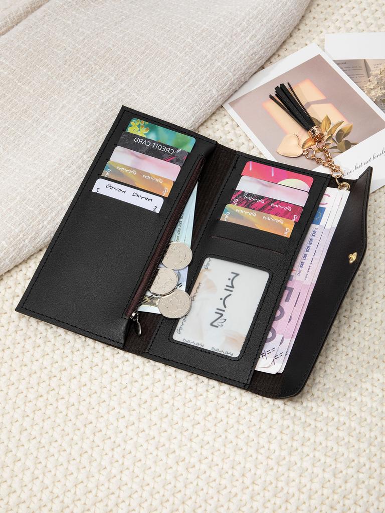 Simple and stylish three fold women's wallet PU leather large capacity long wallet tassel pendant solid color wallet card bag