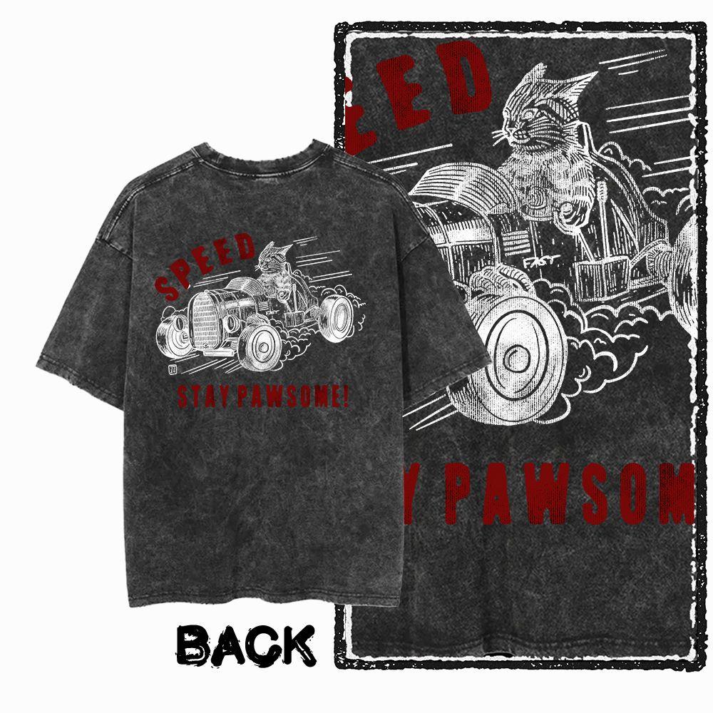 G Back Print Acid Washed Cotton Streetwear Cat Graphic Unisex Tshirt Big Size Cool Vintage Oneck Unisexs Tee Tshirt