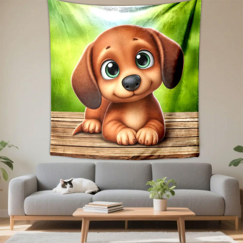 Cute Puppy with Big Green Eyes Patterned Tapestry Decorative Wall Hanging, Home Bedroom Living Room Decor