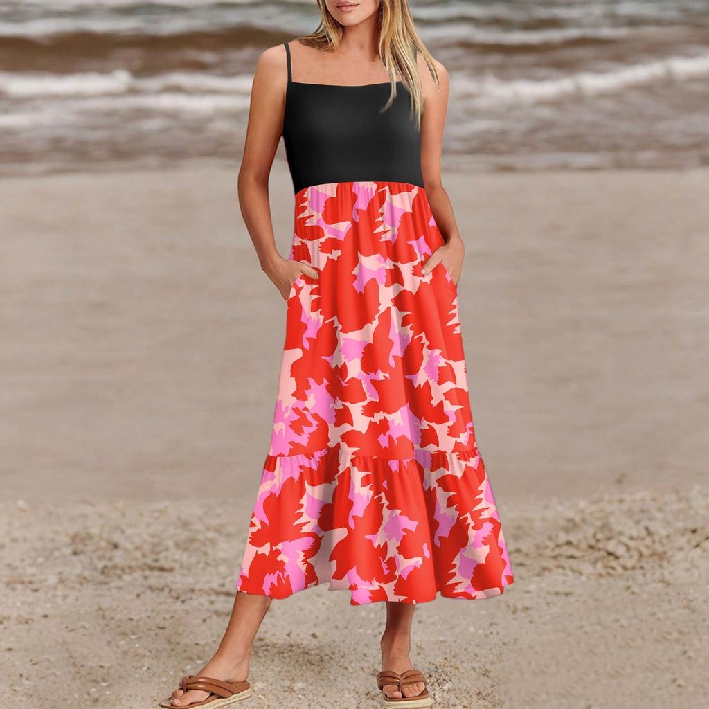 Women's Summer Spaghetti Strap Patchwork Beach Vacation Floral With Pocket Dresses