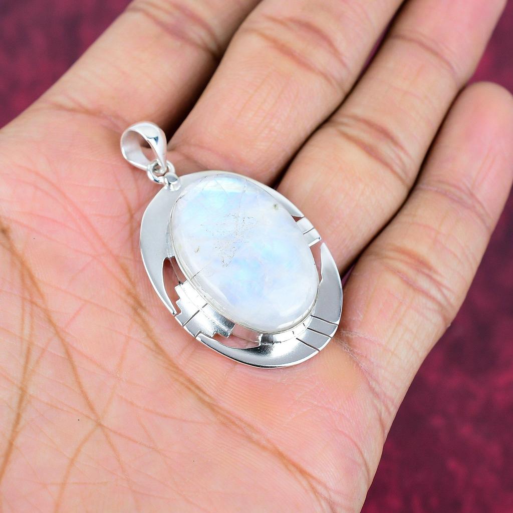 Ювелирные изделия из радужного лунного камня, подвеска из стерлингового серебра 925 пробы, красивая ювелирная подвеска ручной работы