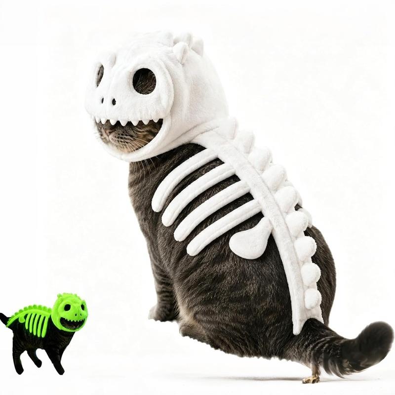 Dinosaur Skeleton Glow in Dark Cat Costume, Plush Halloween Pet Hood Outfit