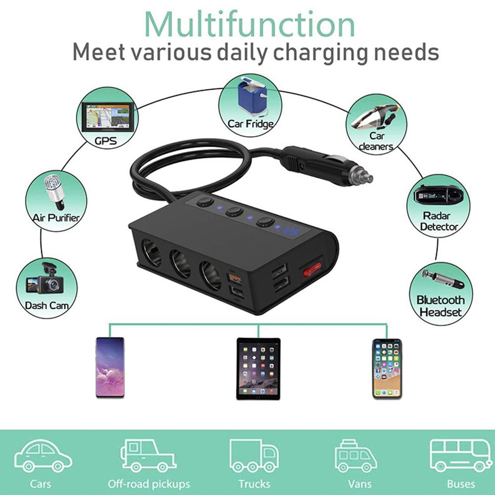 Адаптер автомобильного зарядного устройства 180 Вт Разветвитель гнезда прикуривателя 4 USB-порта Быстрая зарядка Qc3.0 для легковых автомобилей, грузовиков, внедорожников
