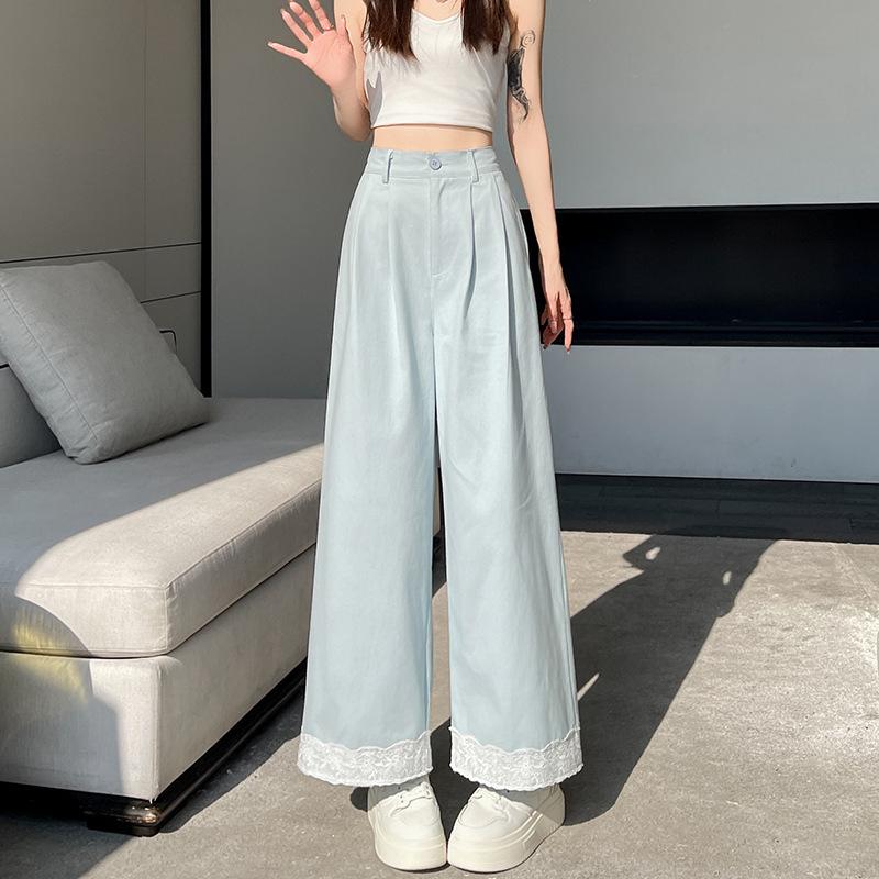 Женские кружевные широкие брюки из хлопка для женщин на лето, новые свободные повседневные прямые брюки с высокой талией