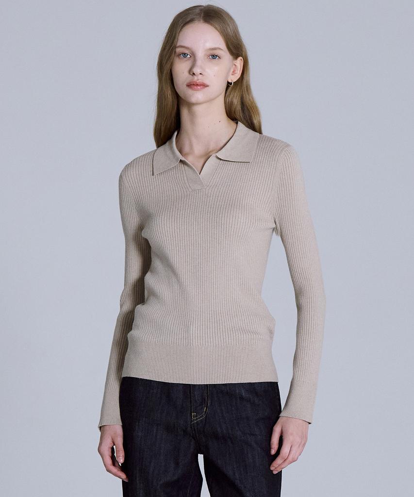 BASIC HOUSE Women'S Collared Long Sleeve Sweater Beige Lykt7203