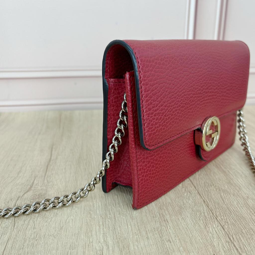 [Pre-Owned] Interlocking Double G Logo Litchi Grain Leather Shoulder Crossbody Bag - Excellent #DH1W9D