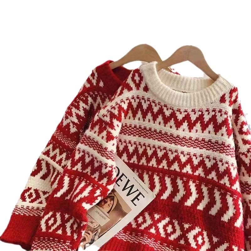 New Red Sweater Women's Autumn and Winter Wear Thickened Lazy Christmas Style Design Retro Feeling Loose Soft Waxy Knitted Sweater