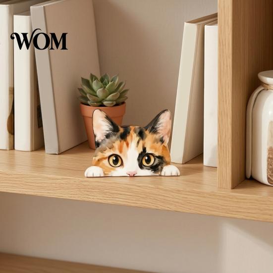 Cute Cat Theme Room Decor Shelf Sitter Ornament, Wooden Peeking Kitten Figurine, Modern Home Soft Decoration 2D Flat Decorative Statue for Desktops