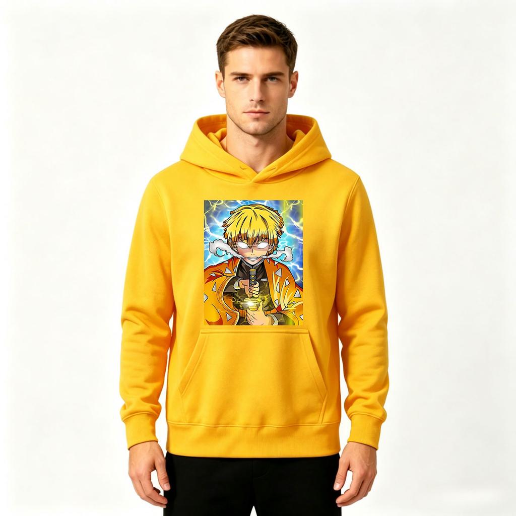 Men Anime Print Pullover Hoodie, Casual Yellow Hair Character Lightning Pattern Long Sleeve Hooded Sweatshirt