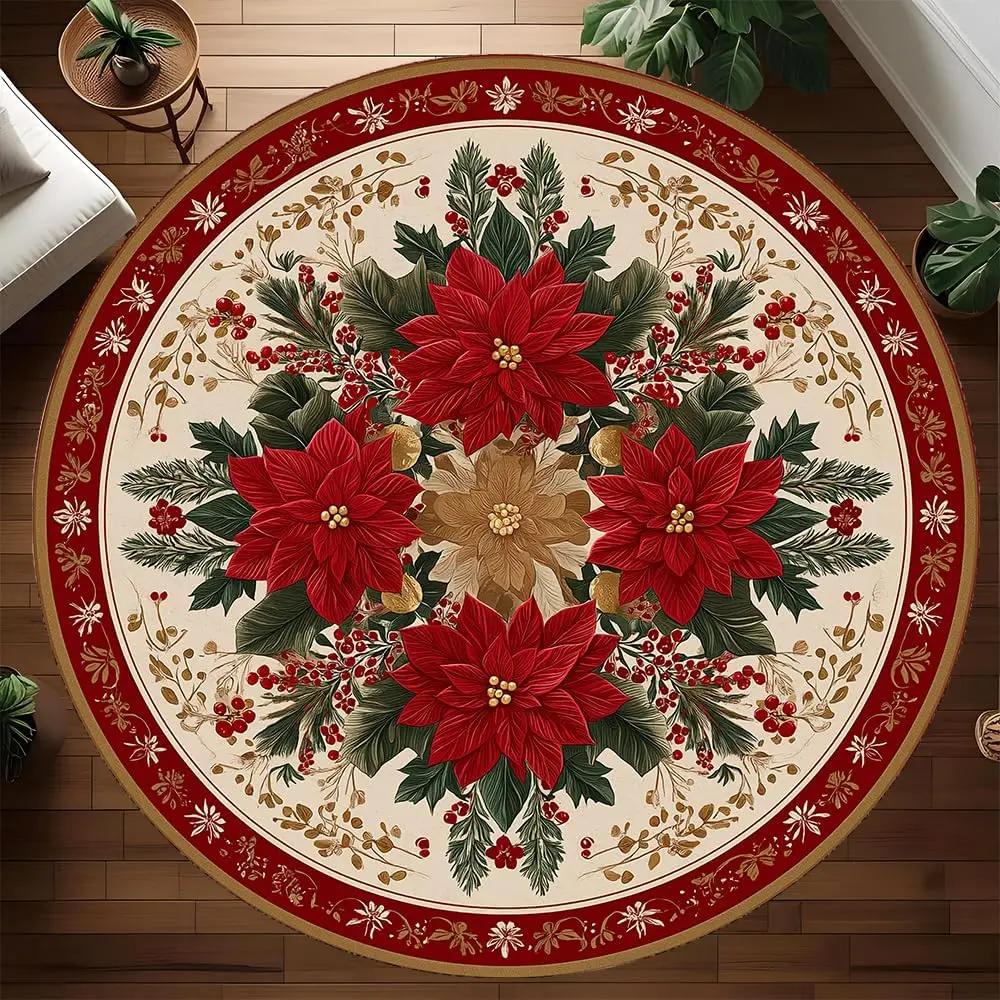 Christmas Themed Circular Carpet Mat Set with Christmas Dwarf Pattern Home Decoration Carpet Christmas Themed Holiday Floor Mat
