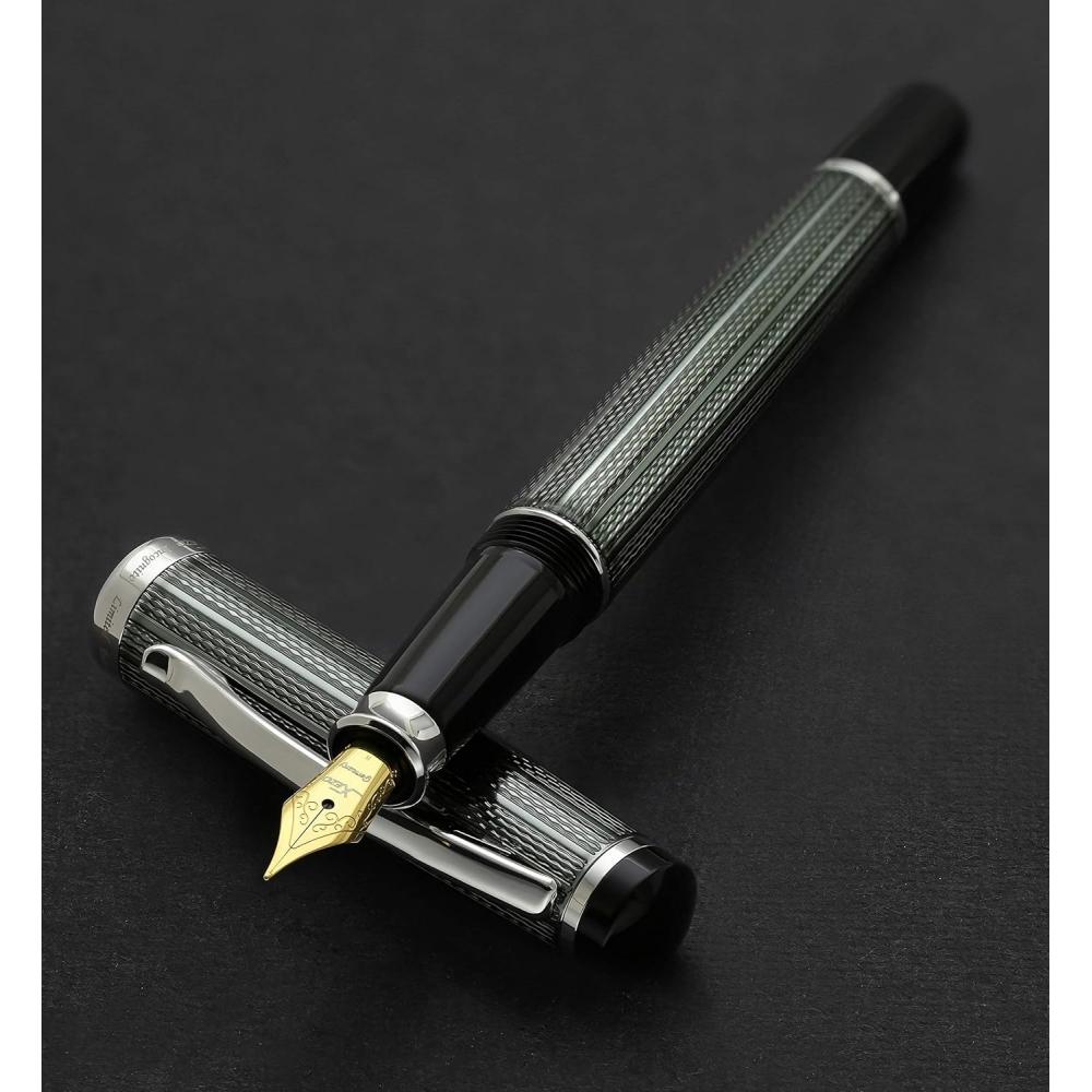 Xezo Incognito Diamond Cut Serial Medium Fountain Pen With Zinc Slate Tracker. Platinum Plated