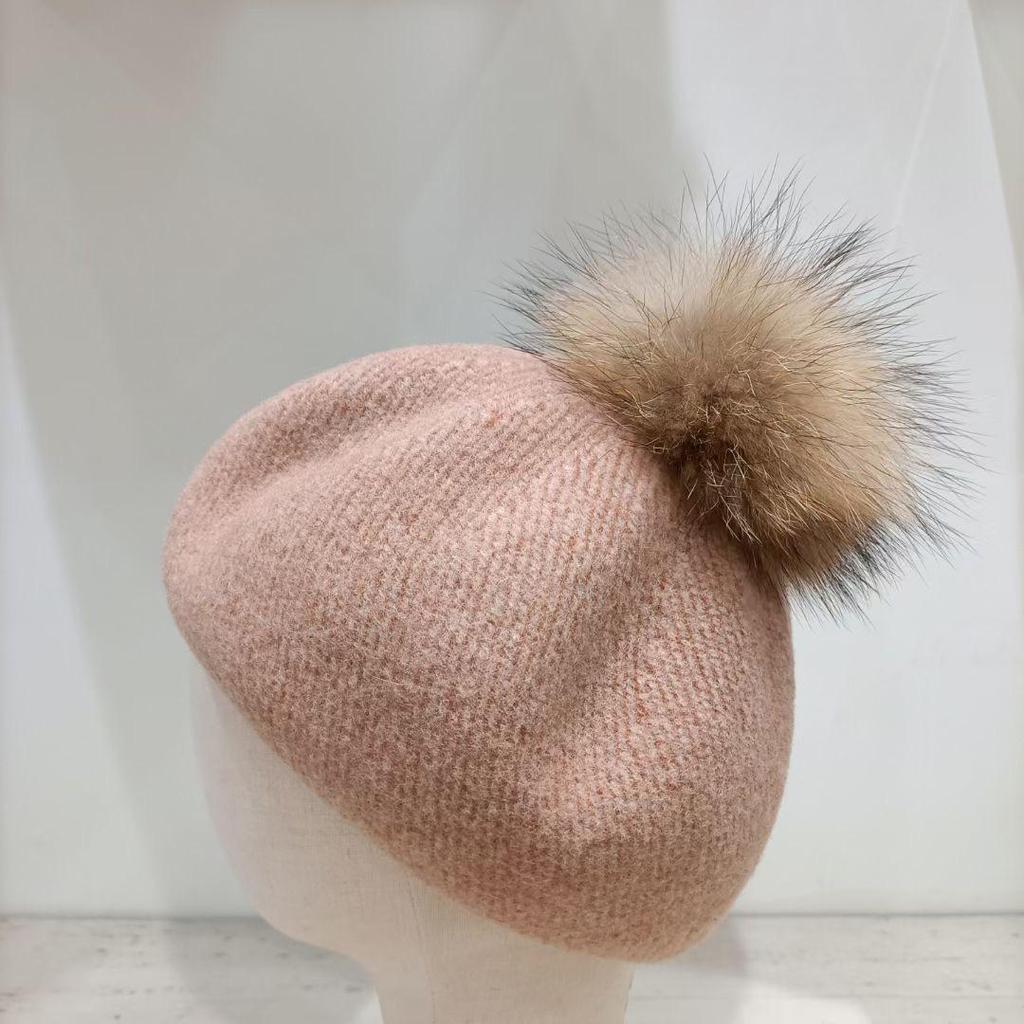 Женский зимний шерстяной берет 2023 года с помпоном из меха енота