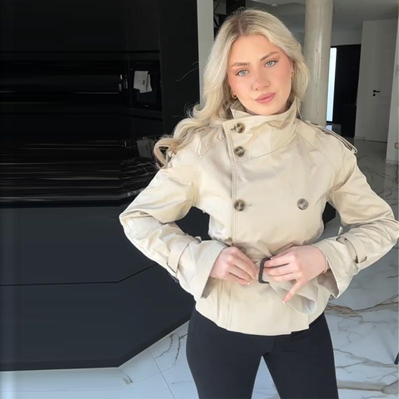 Короткий тренч на шнуровке со стойкой воротником, женский, с длинным рукавом, двубортный, тонкий приталенный жакет, ветровка для通勤, осенняя верхняя одежда 2025