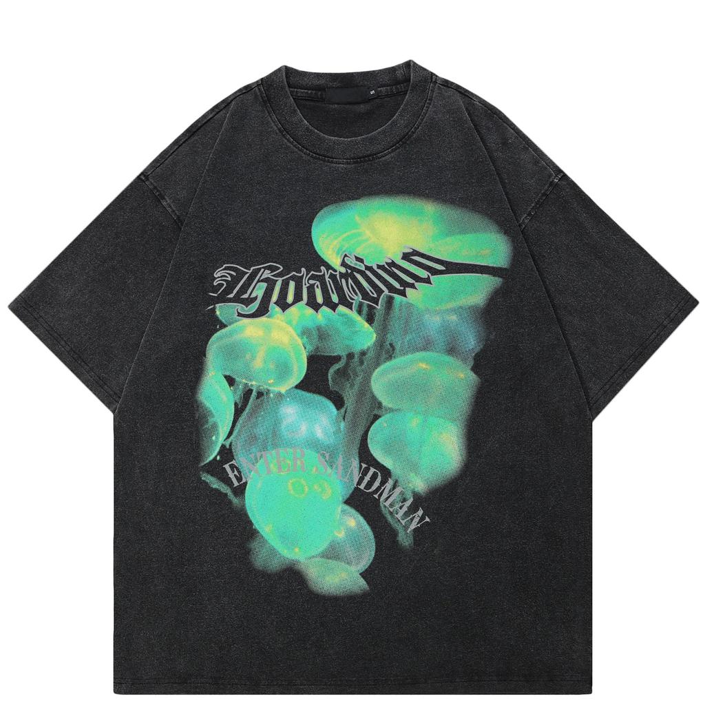 2024 Streetwear Jellyfish Graphic Unisex T-Shirt Cotton Washed Black Tshirt Unisex Tops Tees Summer Short Sleeves T Shirt
