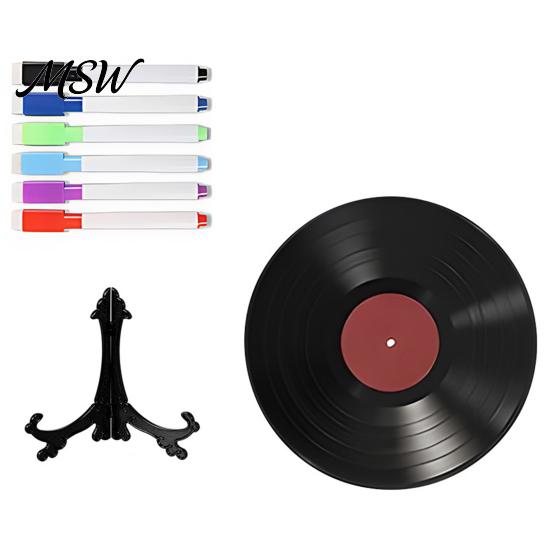Handwritten Record Signage Vinyl DIY Graffiti Clock Ornament, Reusable Blank Acrylic Retro Tabletop Decor Wall with Display Stand, Personalized
