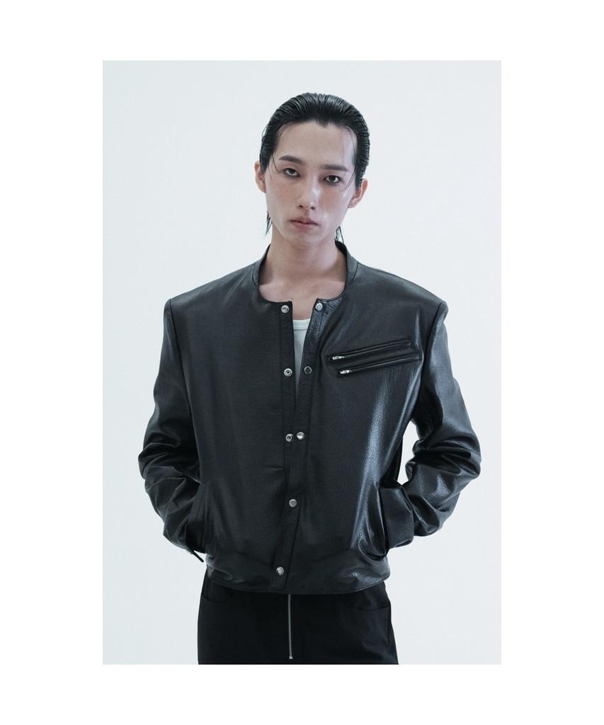 LUNECAVE Leather Round Neck Trucker Jacket