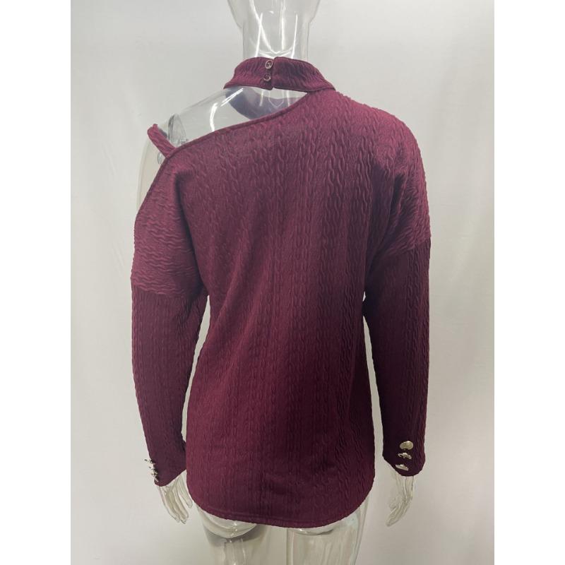 Осенне-зимняя мода Сексуальный пуловер с цепочкой на косое плечо Топы С открытыми плечами С длинными рукавами Повседневная простая уличная блузка Вязаный однотонный свитер с высоким воротом