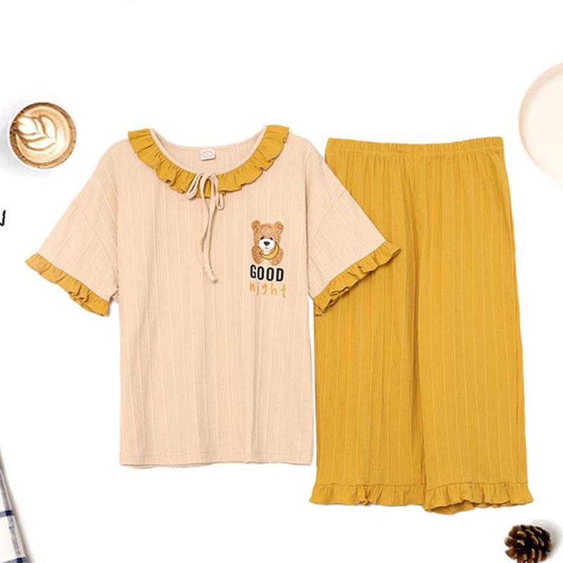 Capris Short Sleeved Pajamas for Women In Summer Cotton Cartoon Cute Casual Home Clothing Set