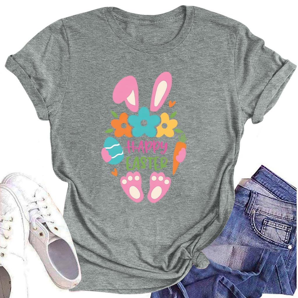 Women's Casual Short Sleeve Easter Printed Round Neck Short Sleeve T-Shirt Top