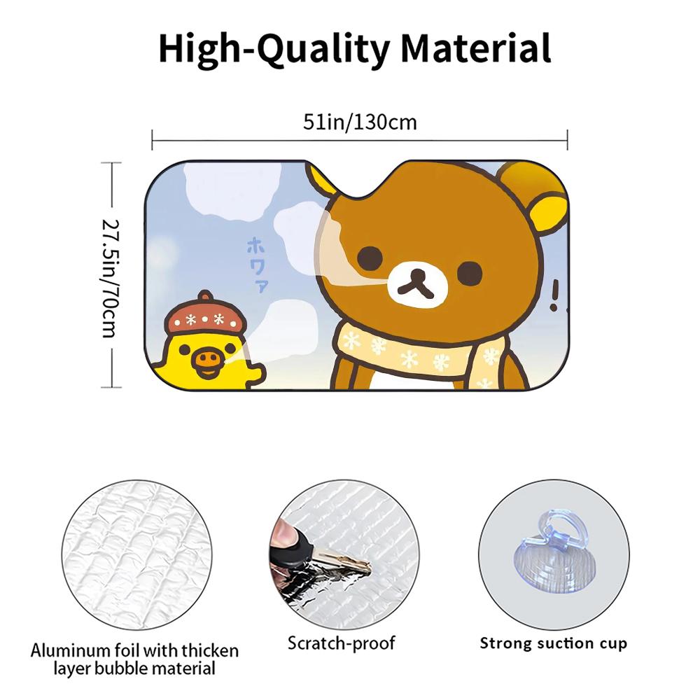 r-Rilakkuma Bear Car Sunshade Curtains Heat-insulating Aluminum FilmReusable Suction Cup Blocks UV Rays Car Sun Visor Protector