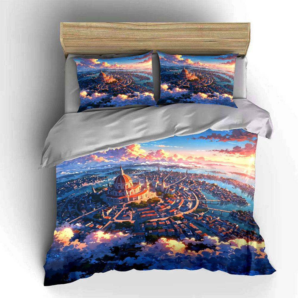 Cityscape Sunset Art Prints Set Bedding Set with 1 Duvet Cover 2 Pillowcases Single Double King Queen, Gift