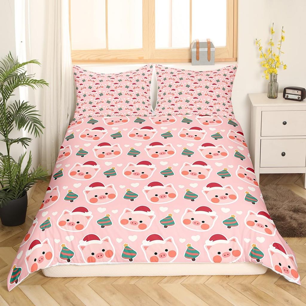 Pink Pig Bedding Set King Queen Sleeping Pig Duvet Cover For Kids Boys Girls Kawaii Animals Comforter Cover With 2 Pillowcases