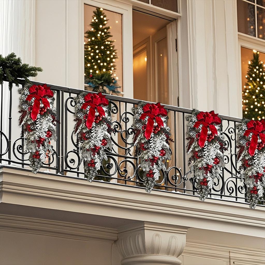 1pc Artifical Christmas Teardrop Swag for Front Door, Christmas Garlands with Christmas Ball Red Berry Pine Cone Rustic Garland for Xmas Home Decor