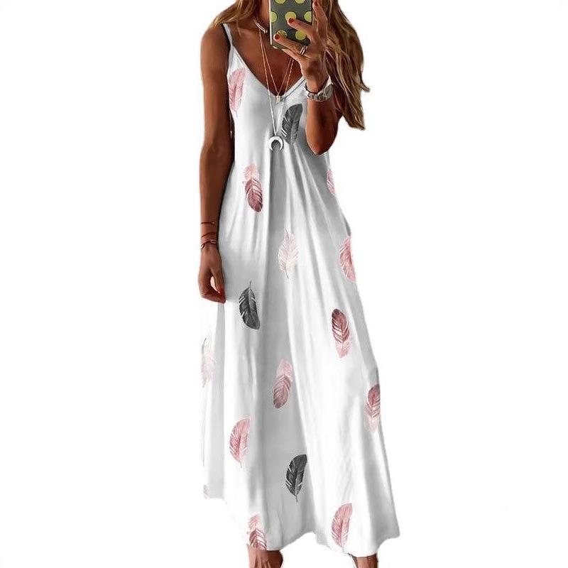 Модное платье-сарафан без рукавов с принтом перьев, с глубоким V-образным вырезом, облегающее, элегантное, свободное, женское, летнее, А-силуэта, для вечеринок, повседневное, простое, женская одежда
