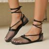 Fashion Women's Luxury Square Headed Mesh Socks Mesh Feet Band Sandals Fashion Women Colorful Diamond Flat Sandals Summer Beach Shoes