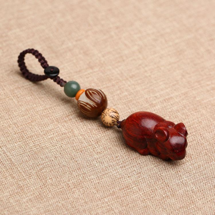 Solid Wood Carved Rat Pendant Keychain Chinese Zodiac Mouse Wooden Hanging Ornament Bag Phone Charm Hand Carved Craft Gift