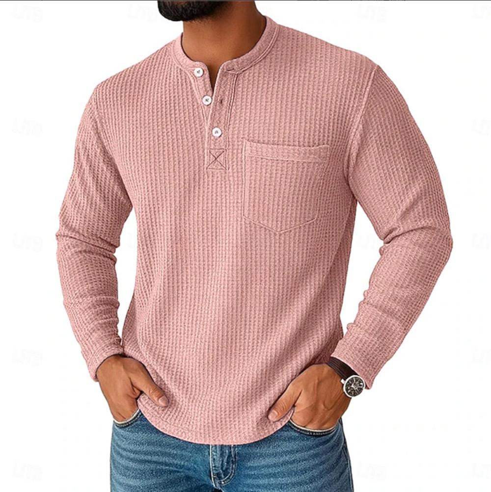 Мужская вафельная рубашка-henley с длинным рукавом и нагрудным карманом