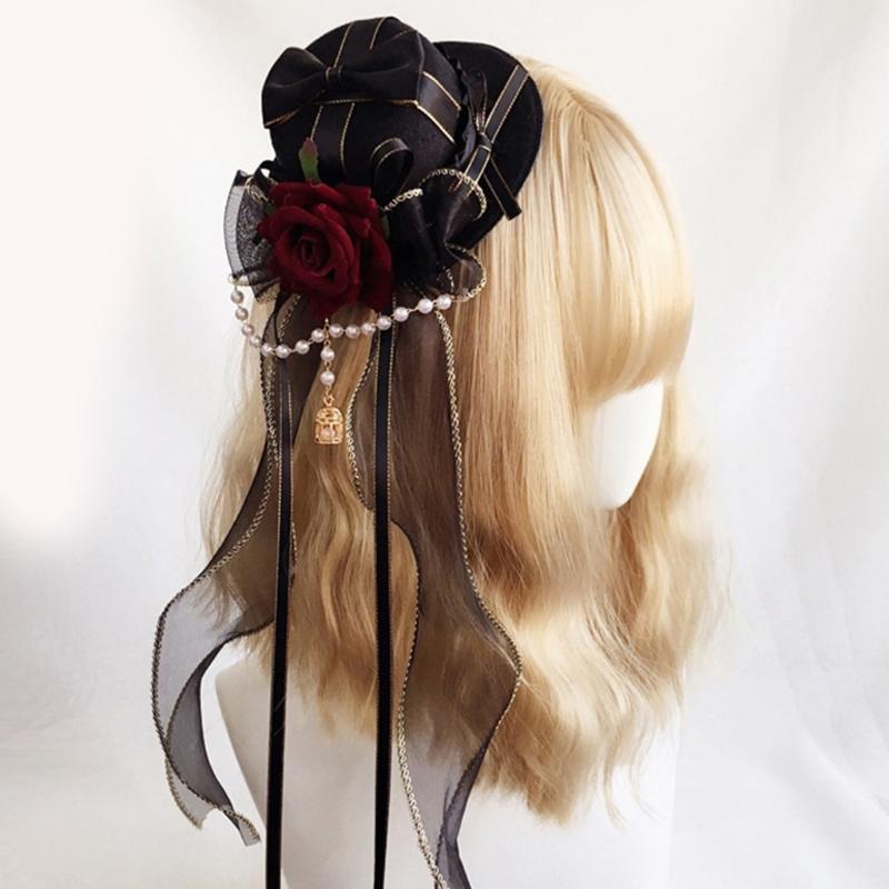 Gothic Lace Flat Top Hat with Veil Ribbon for Women Cosplay Party Costume Day of the Death Headpiece Holiday Accessories